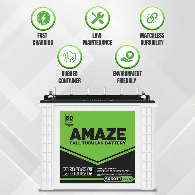 Amaze Tall Tubular Battery for Home, Office & Shops | 5060TT 200Ah | Easy Installation |Durable and Reliable Inverter Battery | Minimum Maintenance | with 60 Months Warranty