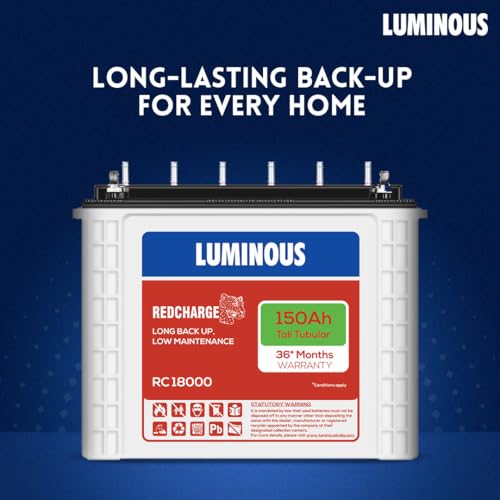 Luminous Red Charge RC 18000 Tall Tubular Inverter Battery for Home, Office & Shops | 150Ah/12V High-Performance, Durable & Low Maintenance Battery | Easy Installation | 36 Months Warranty